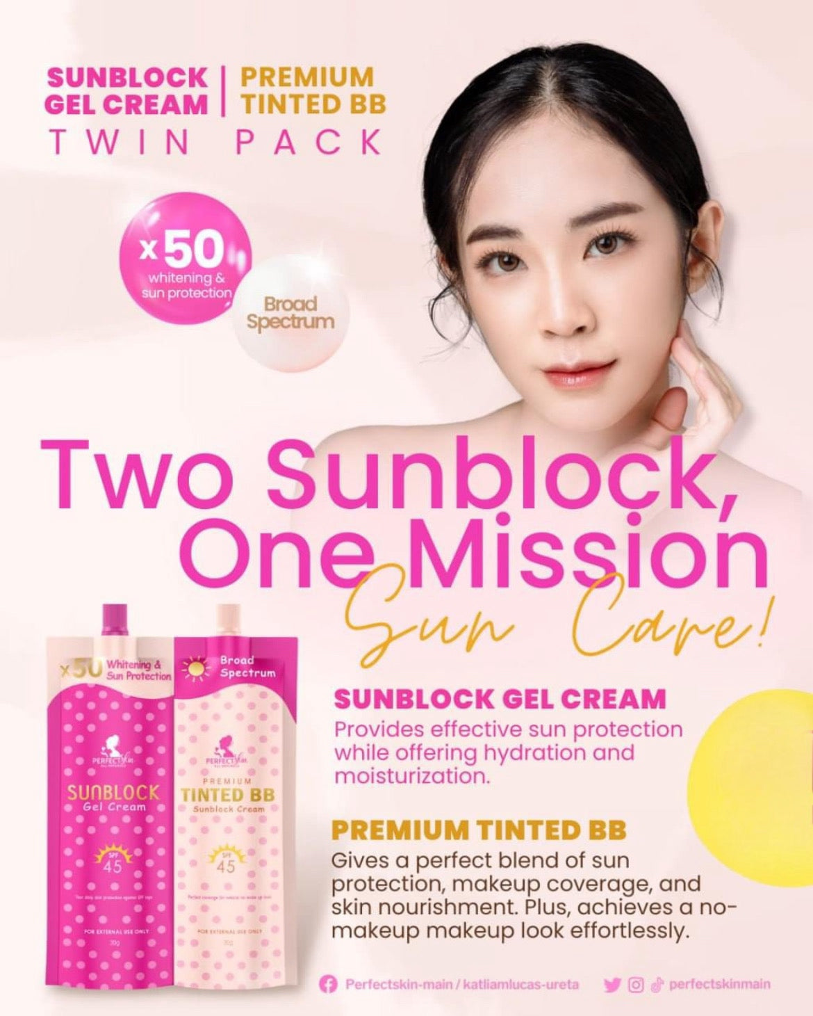 Perfect Skin Sunblock Gel Cream SPF45 30g + Premium Tinted BB Sunblock Cream SPF45 30g (Twin Pack)