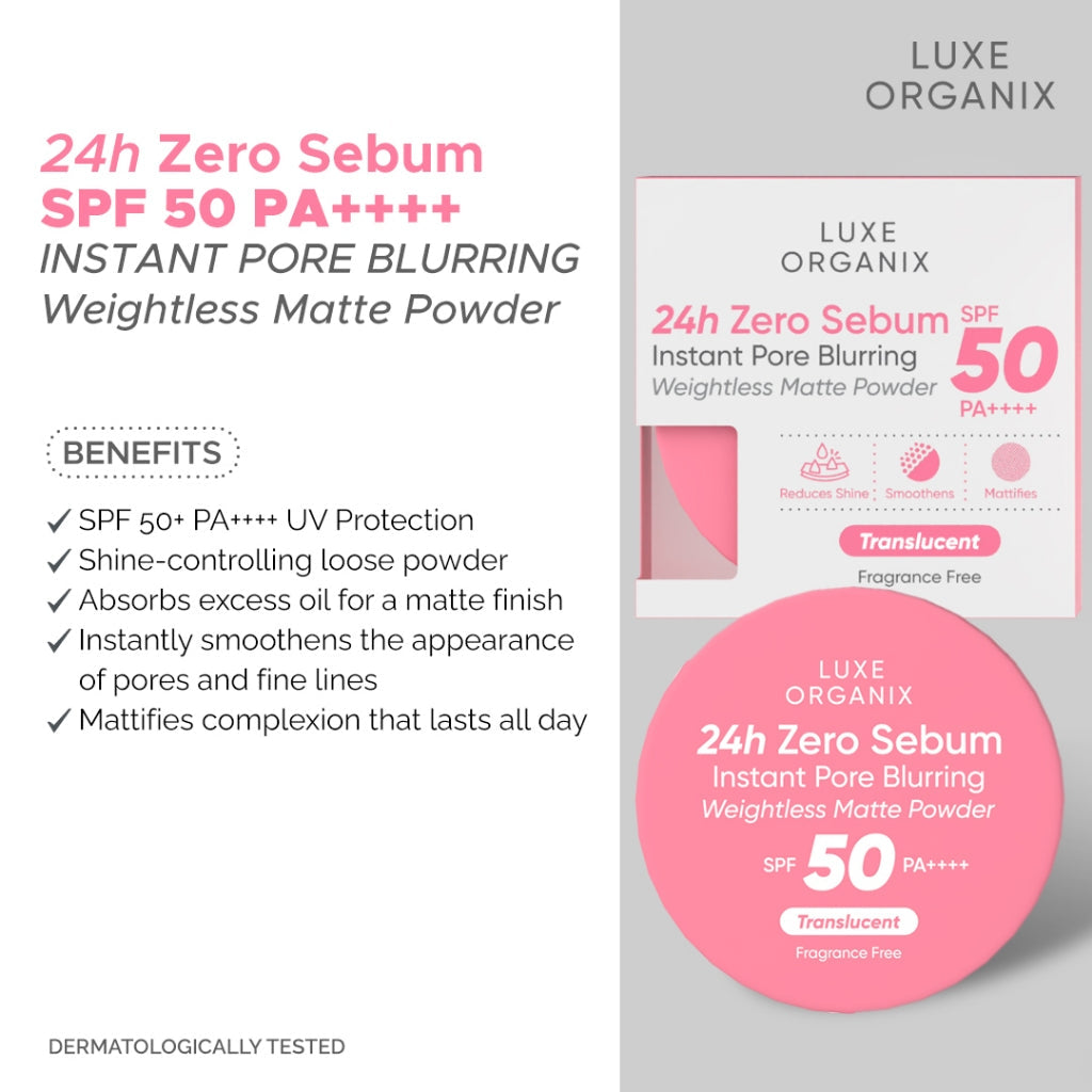 Luxe Organix 24H Zero Sebum Instant Pore Blurring Weightless Matte Powder SPF 50 PA++++ Translucent 15g