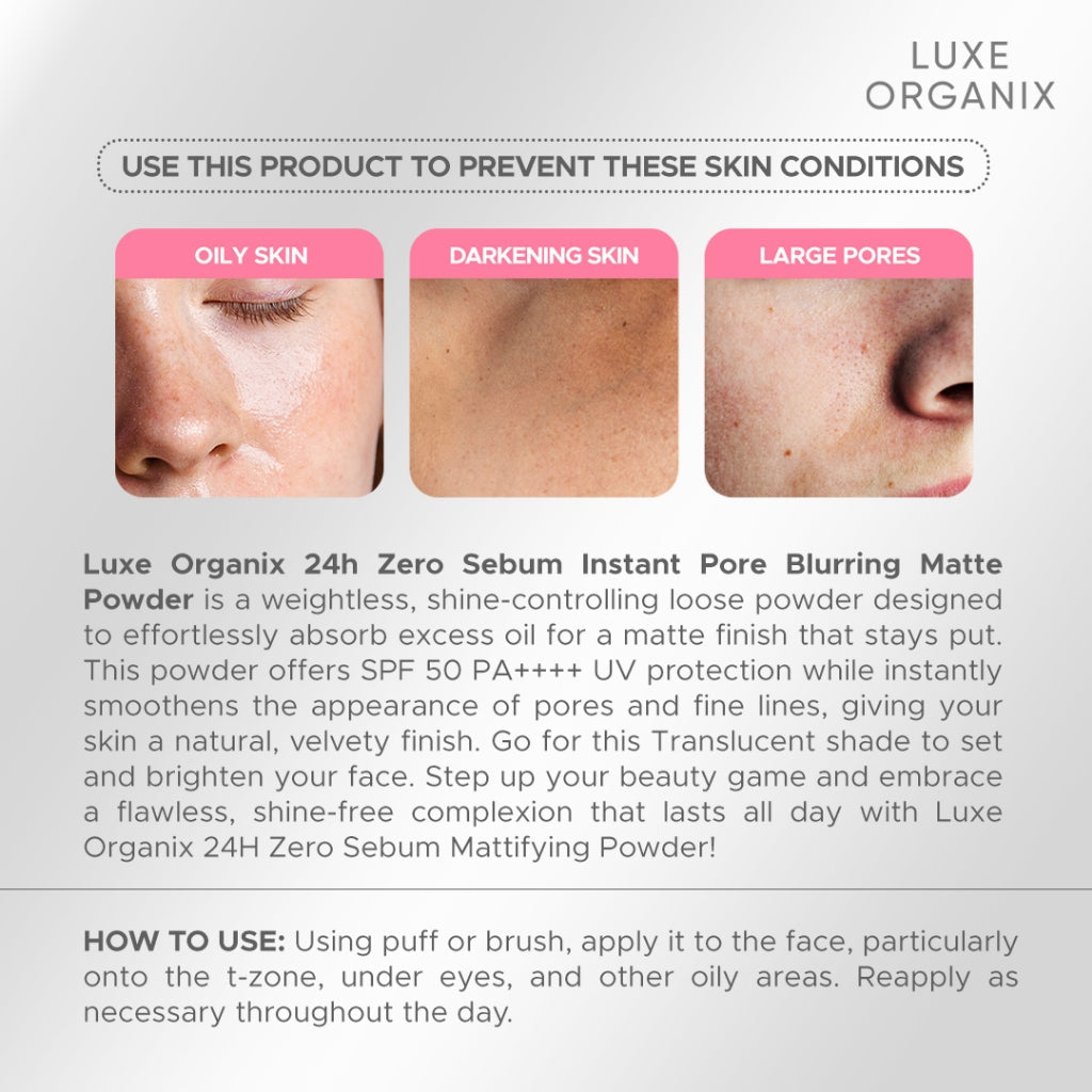 Luxe Organix 24H Zero Sebum Instant Pore Blurring Weightless Matte Powder SPF 50 PA++++ Translucent 15g