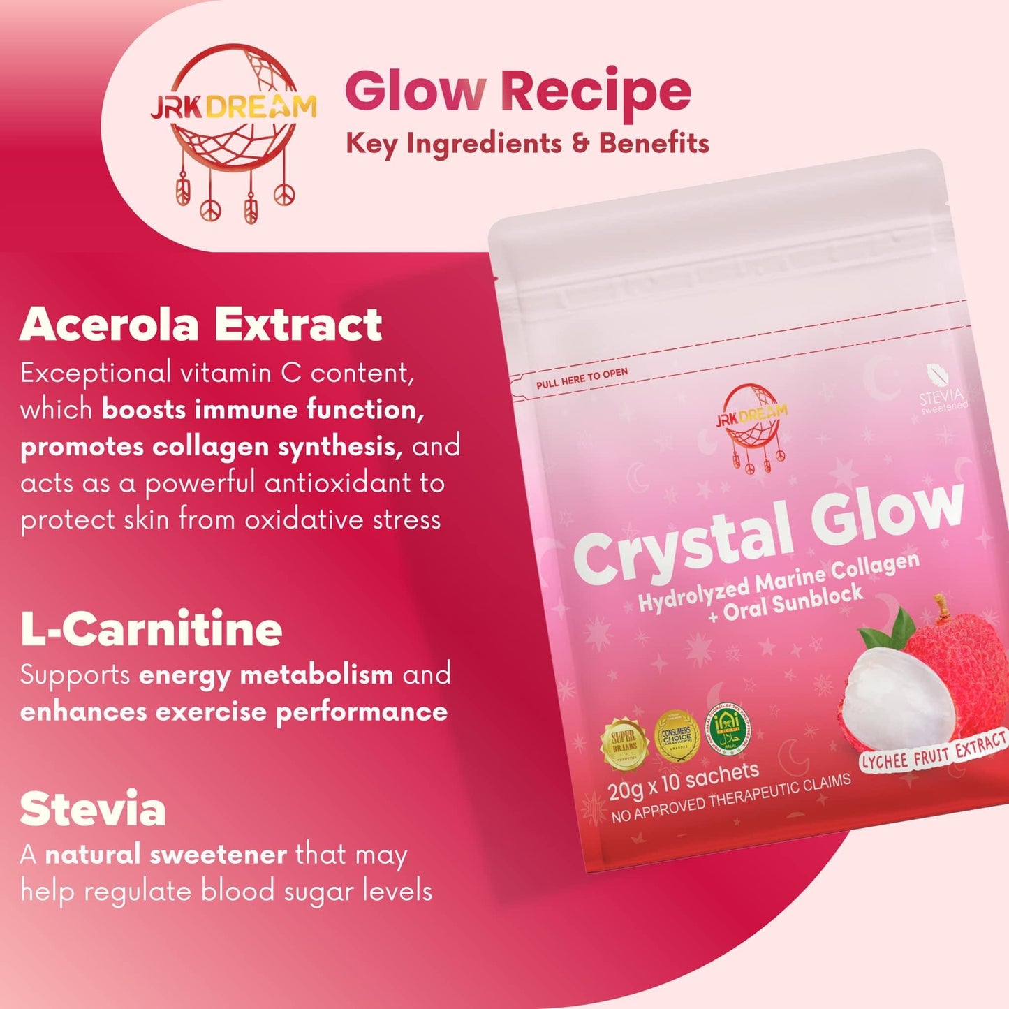 Crystal Glow Lychee Collagen &
Glutathione Drink 10s (New Packaging)