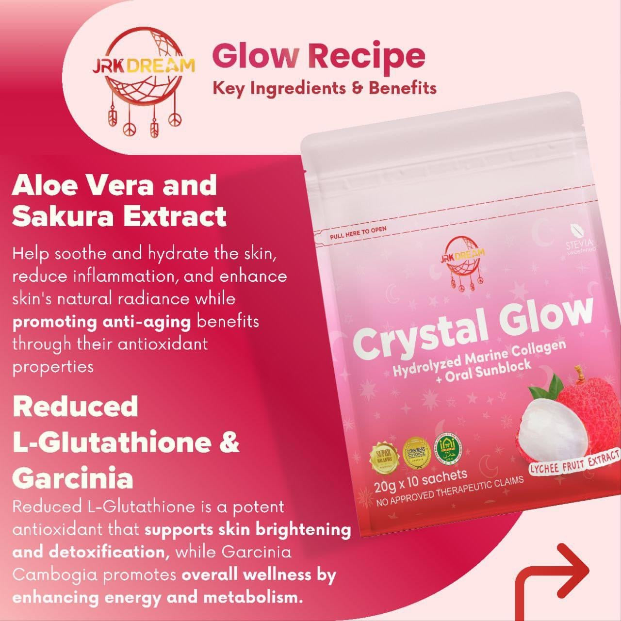 Crystal Glow Lychee Collagen &
Glutathione Drink 10s (New Packaging)