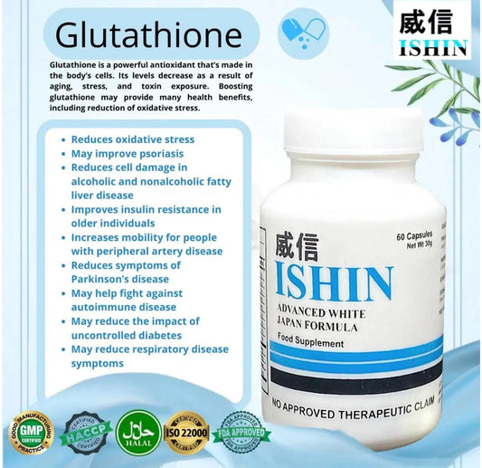 Ishin Advance White Japan Formula
Collagen & Glutathione Supplement
60 Capsules