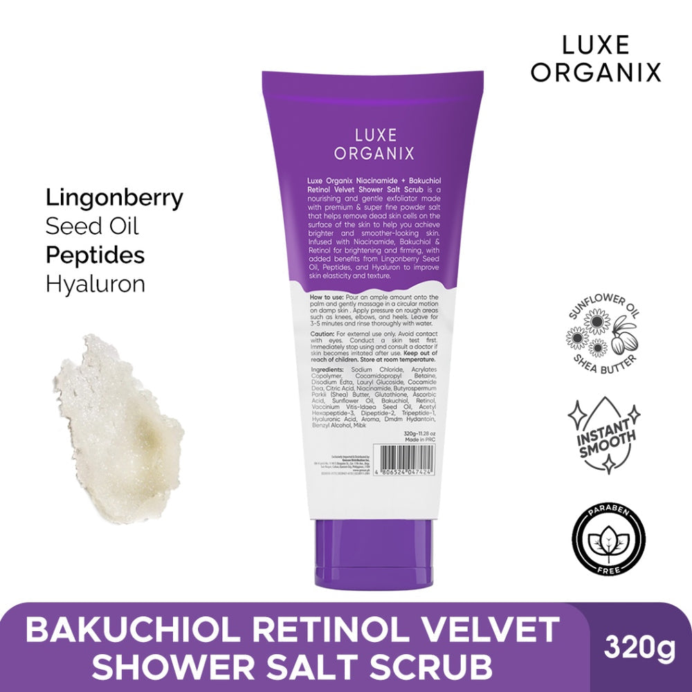 Luxe Organix Niacinamide + Bakuchiol Retinol Velvet Shower Salt Scrub 320g