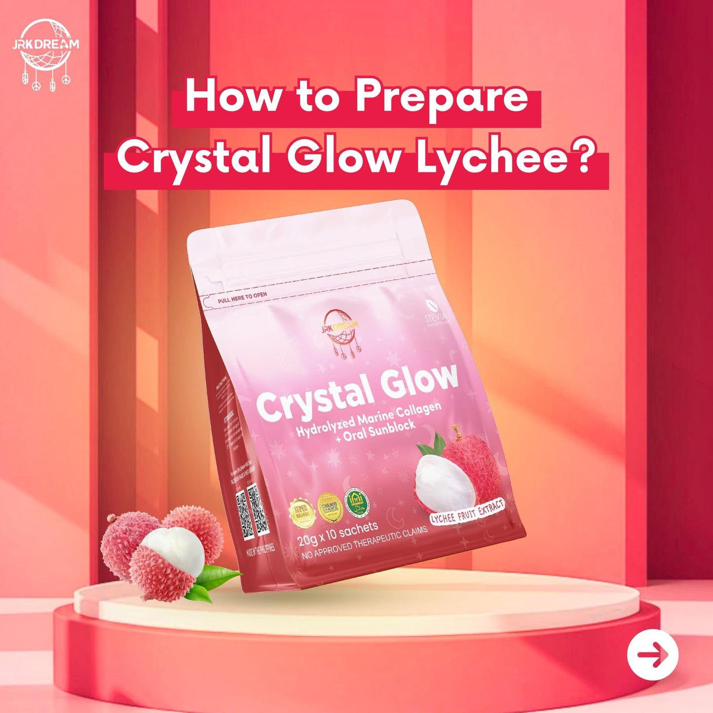 Crystal Glow Lychee Collagen &
Glutathione Drink 10s (New Packaging)