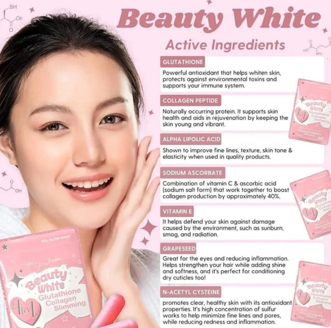 You Glow Babe Beauty White 4in1 (Glutathione, Collagen, Vitamin C) 30
Capsules