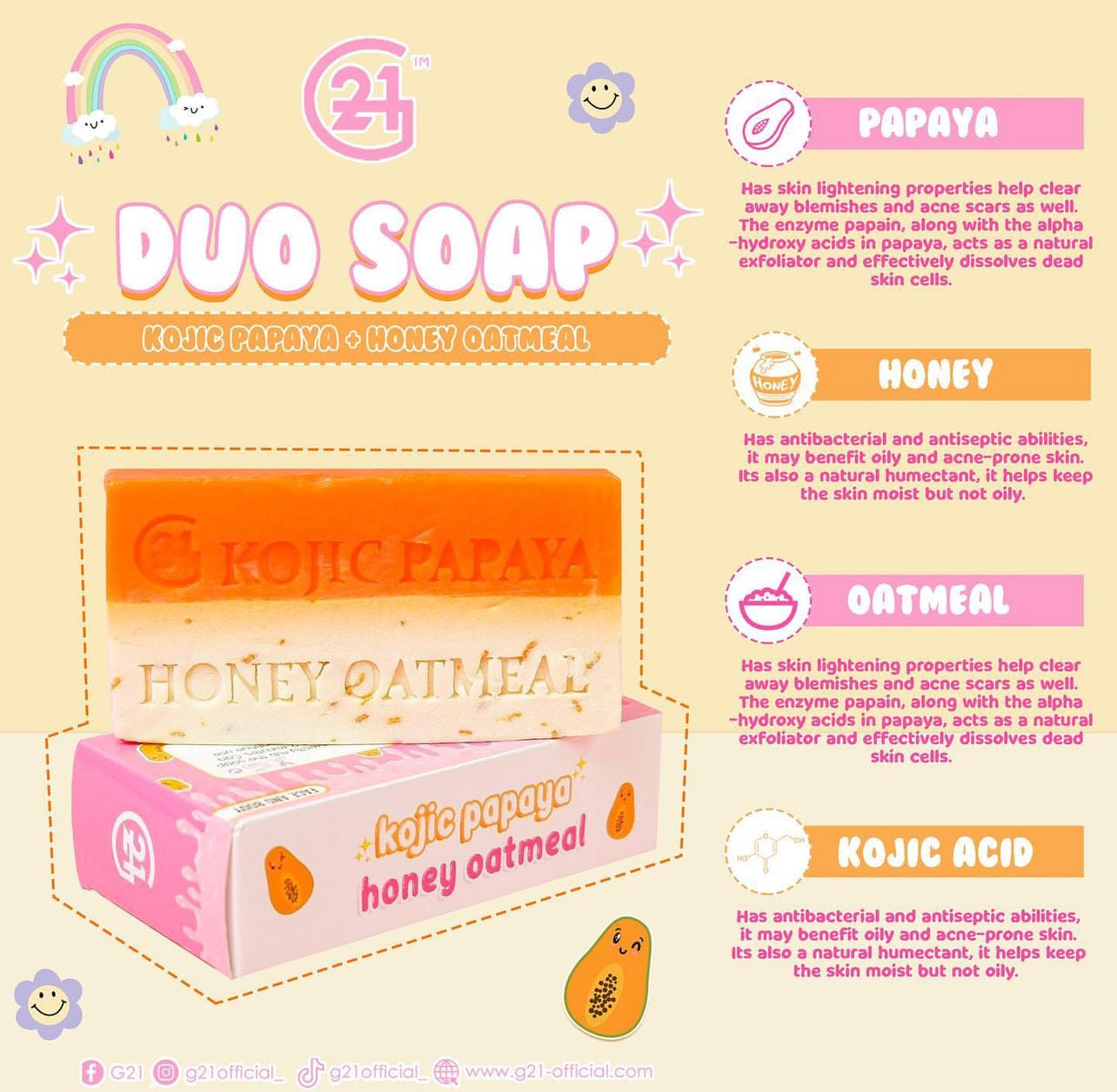 G21 Kojic Papaya Honey Oatmeal Duo Soap 150g