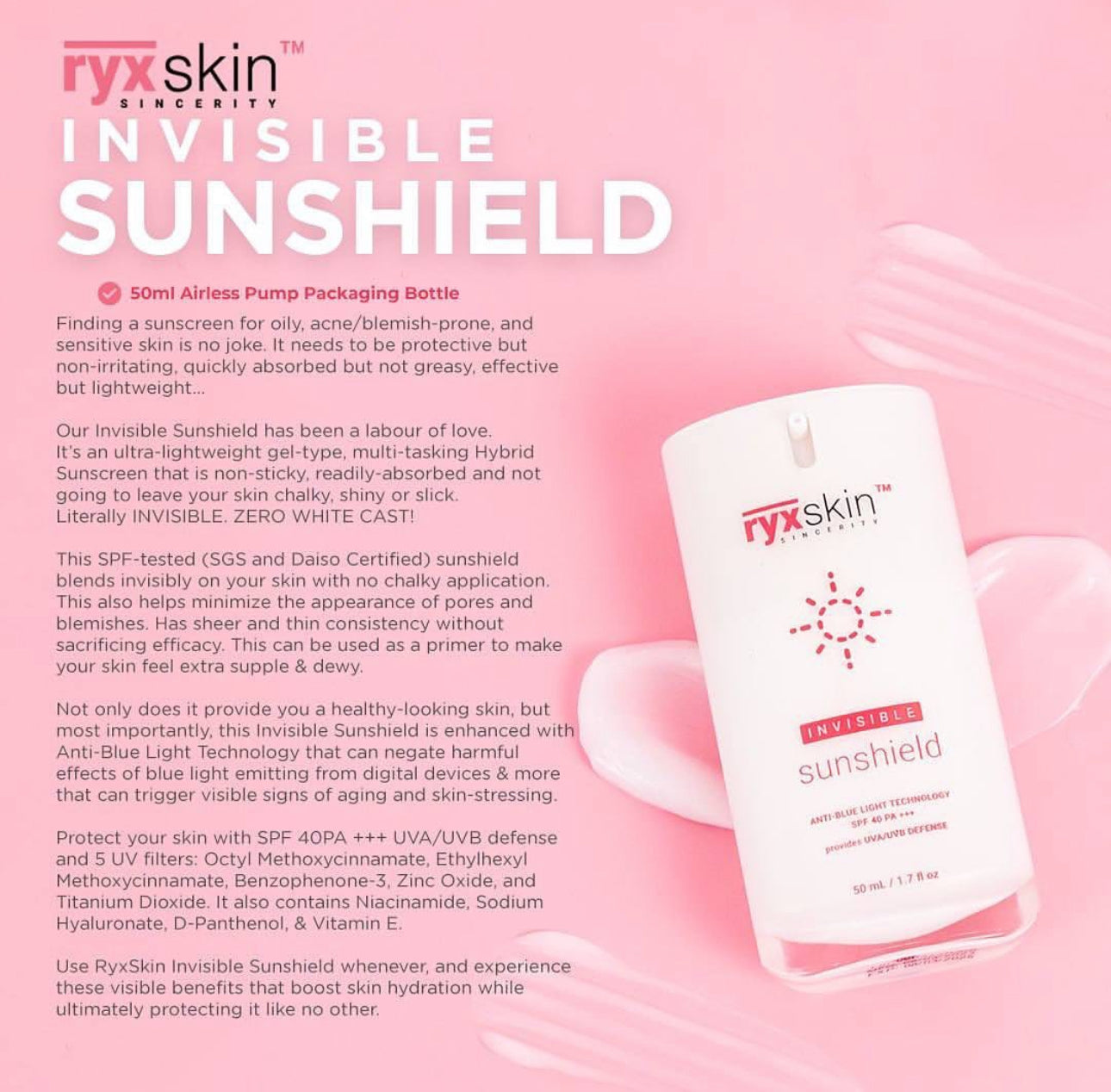 RYX Skin Invisible Sunshield Anti-Blue Light Technology SPF40 PA +++ 50ml