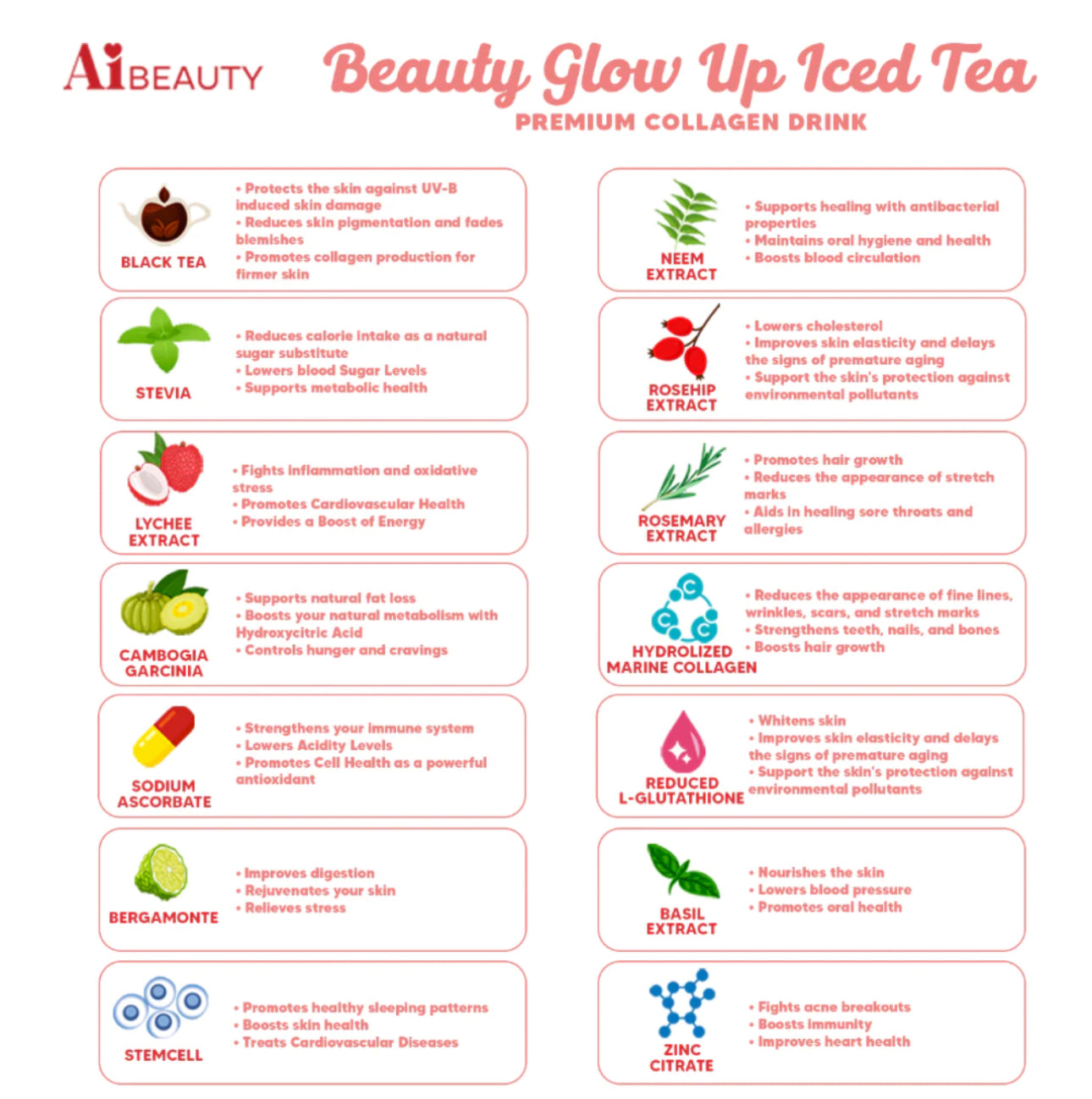 AiBeauty Beauty Glow Up Iced Tea Premium Collagen Drink 10s