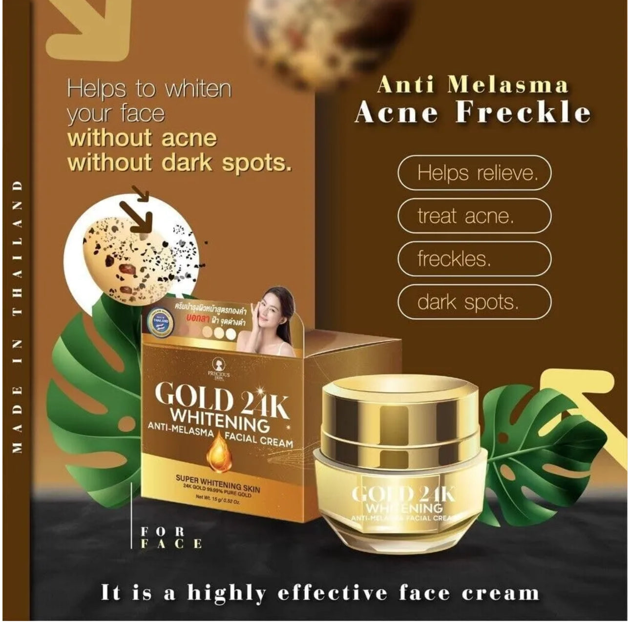 Gold 24K Whitening Anti-Melasma Facial Cream by Precious Skin Thailand 15g